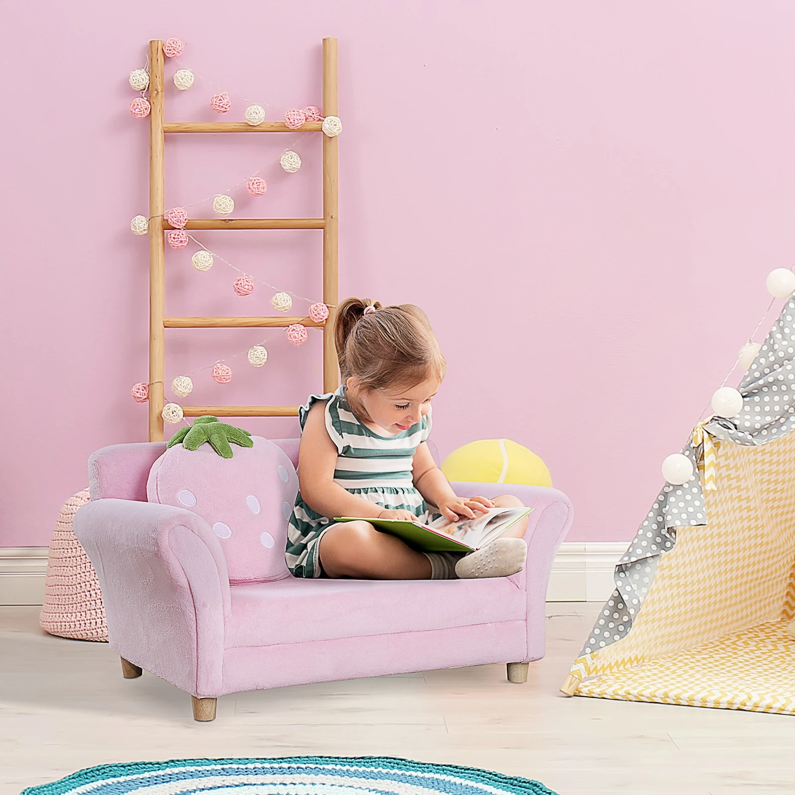 HOMCOM Kinder Erdbeersofa Rosa, Grün 90 X 50 X 43 Cm (LxBxH) | Kindersessel Softsofa Kinderzimmer Sofa Sessel - Image 4