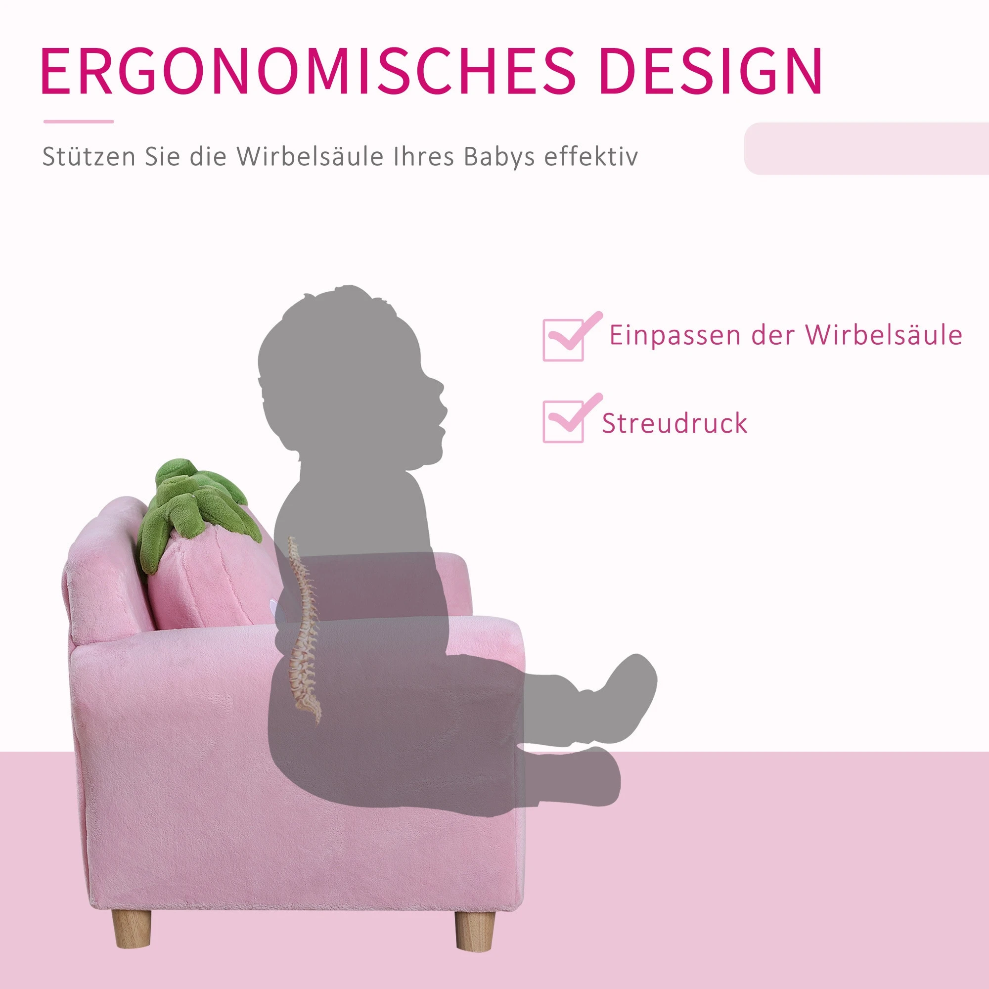 HOMCOM Kinder Erdbeersofa Rosa, Grün 90 X 50 X 43 Cm (LxBxH) | Kindersessel Softsofa Kinderzimmer Sofa Sessel - Image 6