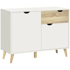 HOMCOM Sideboard Mit Kippschutz Weiß, Natur 98,5L X 39B X 79,5H Cm | Kommode Aufbewahrungsschrank Beistellschrank Wohnzimmerschrank