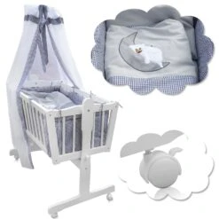 Baby Wiege Kinder Bett Stubenwagen Beistellbett + 9 Tlg. Zubehör Weiß Grau