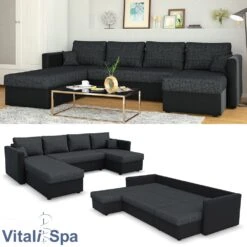 VICCO XXL Ecksofa Mit Schlaffunktion Schwarz - Couch Ecksofa Schlafsofa Taschenfederkern Polstereck