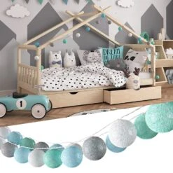 VICCO Lichterkette Cotton Balls Girlande Grau Weiß Mint-grün Hellblau 310 Cm
