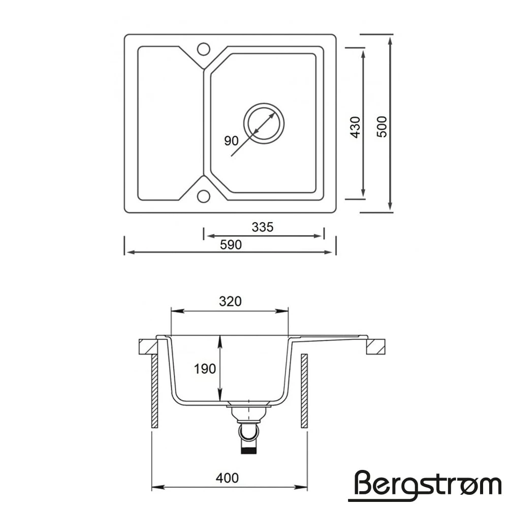 Bergström Granit Spüle Küchenspüle Einbauspüle Spülbecken 590 X 500mm Schwarz - Image 3