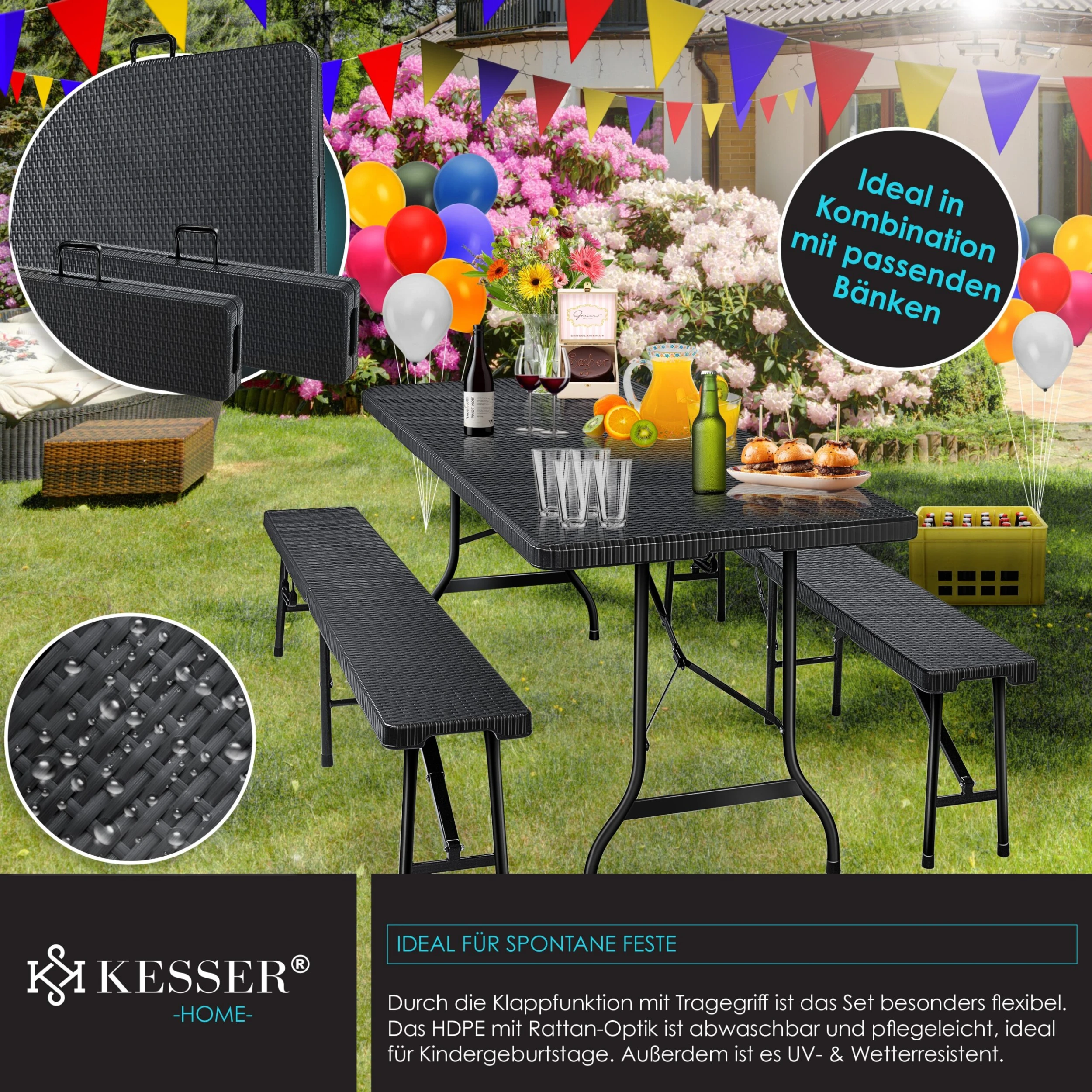 KESSER® Buffettisch Tisch Klappbar Kunststoff 180x75 Cm Rattan Optik Campingtisch Partytisch Klapptisch Gartentisch Für Garten Terrasse Und Balkon Zusammenklappbar 6 Personen Ink. Tragegriff - Image 5