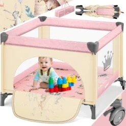 KIDIZ® Baby Laufstall Faltbar Kinderbett, Reisebett Zusammenklappbar Ab Geburt Bis 15 Kg, Seiteneingang, Sicherungssystem LockGuard, Mit Räder, Inkl. Tragetasche Krabbelgitter