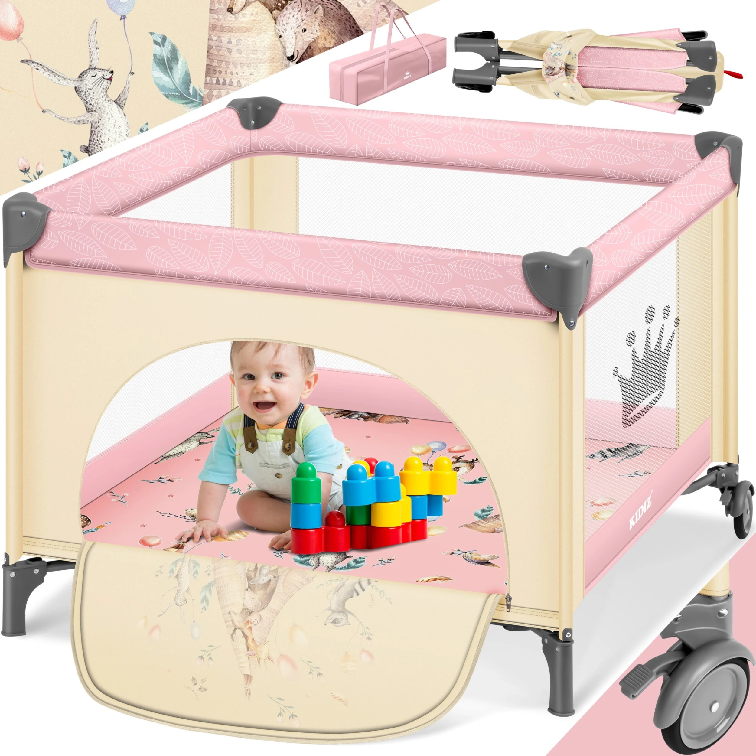 KIDIZ® Baby Laufstall Faltbar Kinderbett, Reisebett Zusammenklappbar Ab Geburt Bis 15 Kg, Seiteneingang, Sicherungssystem LockGuard, Mit Räder, Inkl. Tragetasche Krabbelgitter