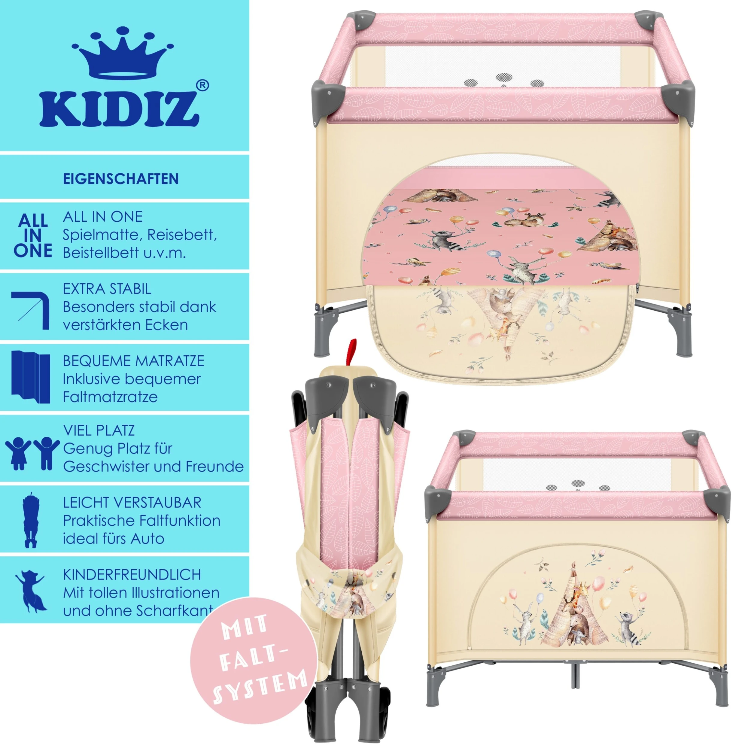 KIDIZ® Baby Laufstall Faltbar Kinderbett, Reisebett Zusammenklappbar Ab Geburt Bis 15 Kg, Seiteneingang, Sicherungssystem LockGuard, Mit Räder, Inkl. Tragetasche Krabbelgitter - Image 2