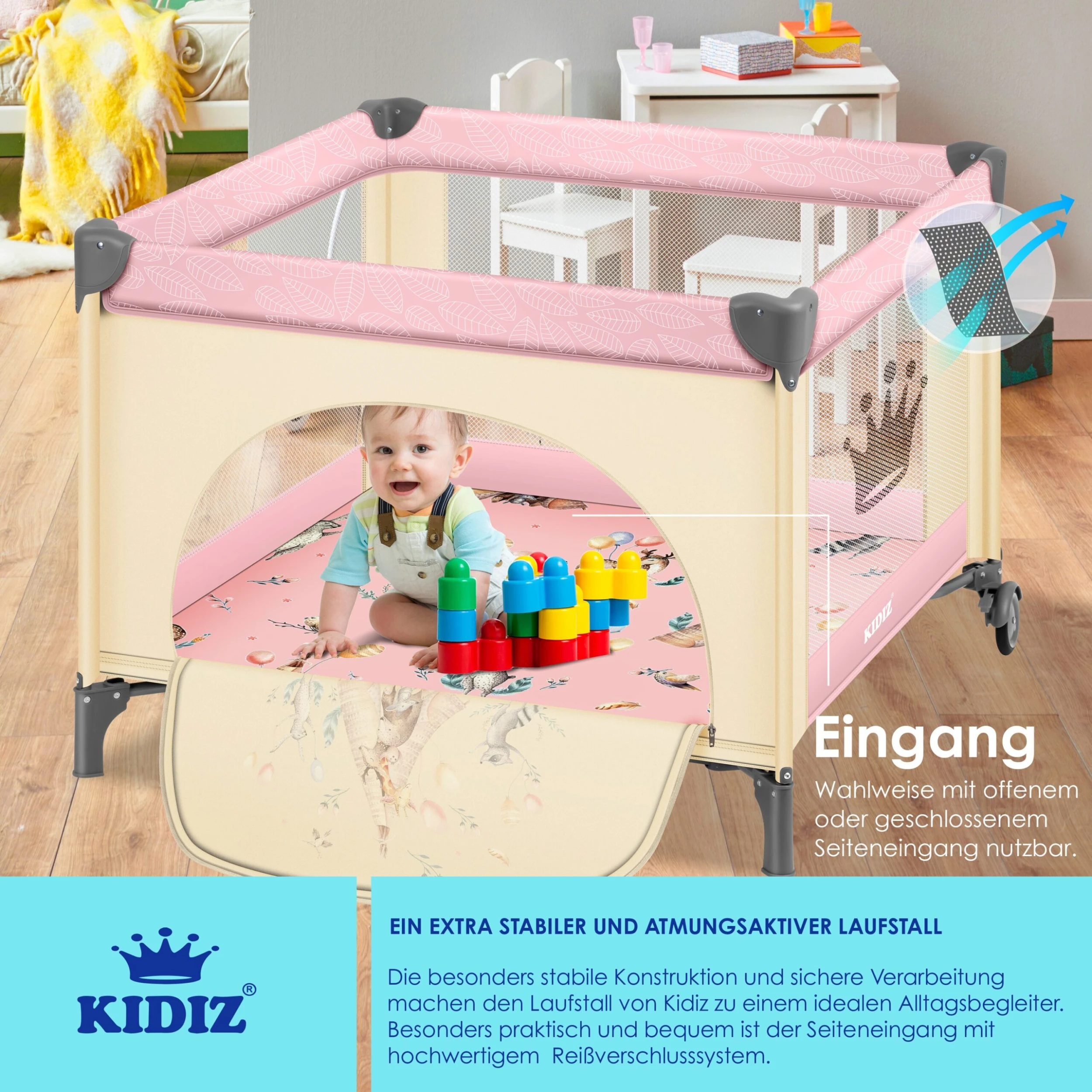 KIDIZ® Baby Laufstall Faltbar Kinderbett, Reisebett Zusammenklappbar Ab Geburt Bis 15 Kg, Seiteneingang, Sicherungssystem LockGuard, Mit Räder, Inkl. Tragetasche Krabbelgitter - Image 3