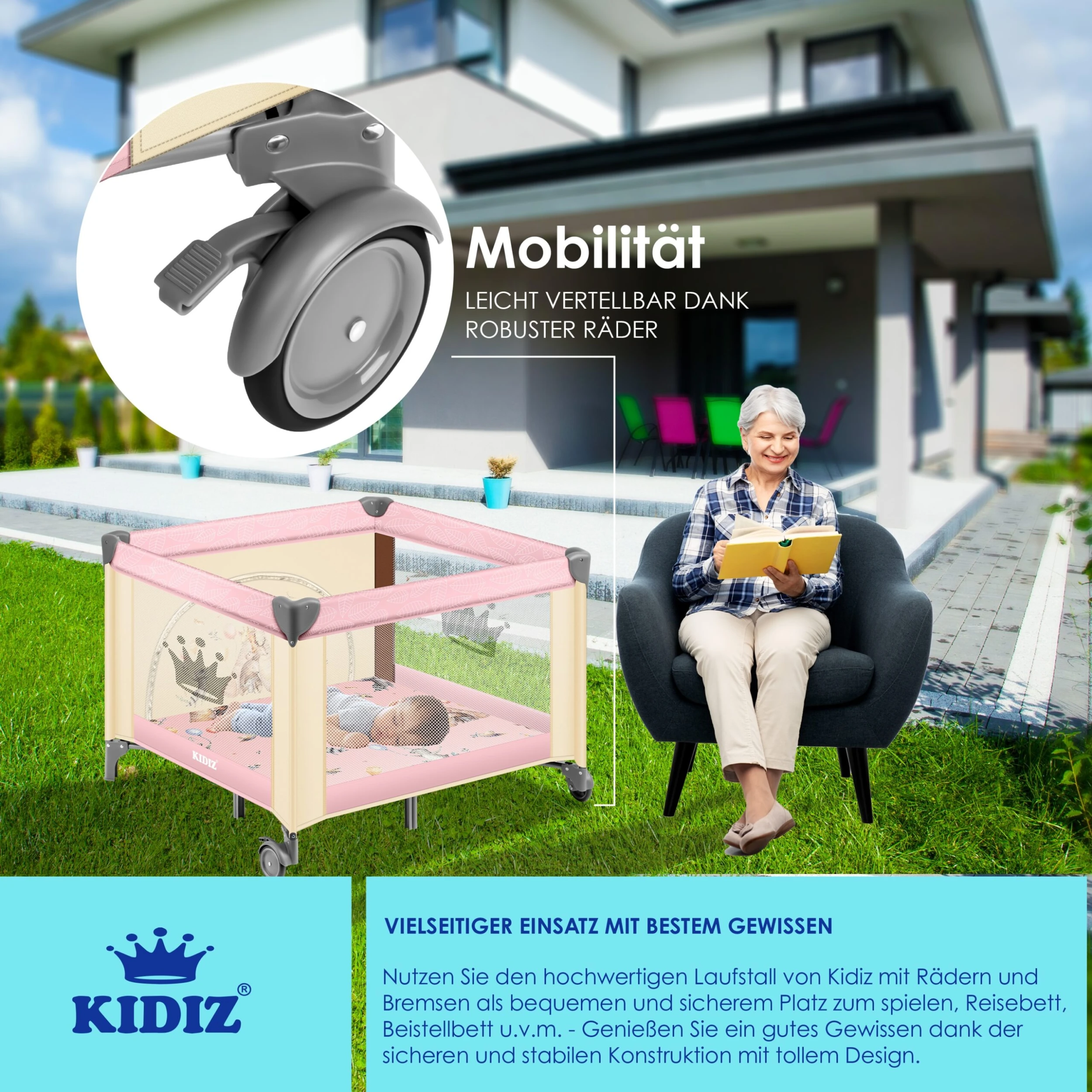KIDIZ® Baby Laufstall Faltbar Kinderbett, Reisebett Zusammenklappbar Ab Geburt Bis 15 Kg, Seiteneingang, Sicherungssystem LockGuard, Mit Räder, Inkl. Tragetasche Krabbelgitter - Image 4