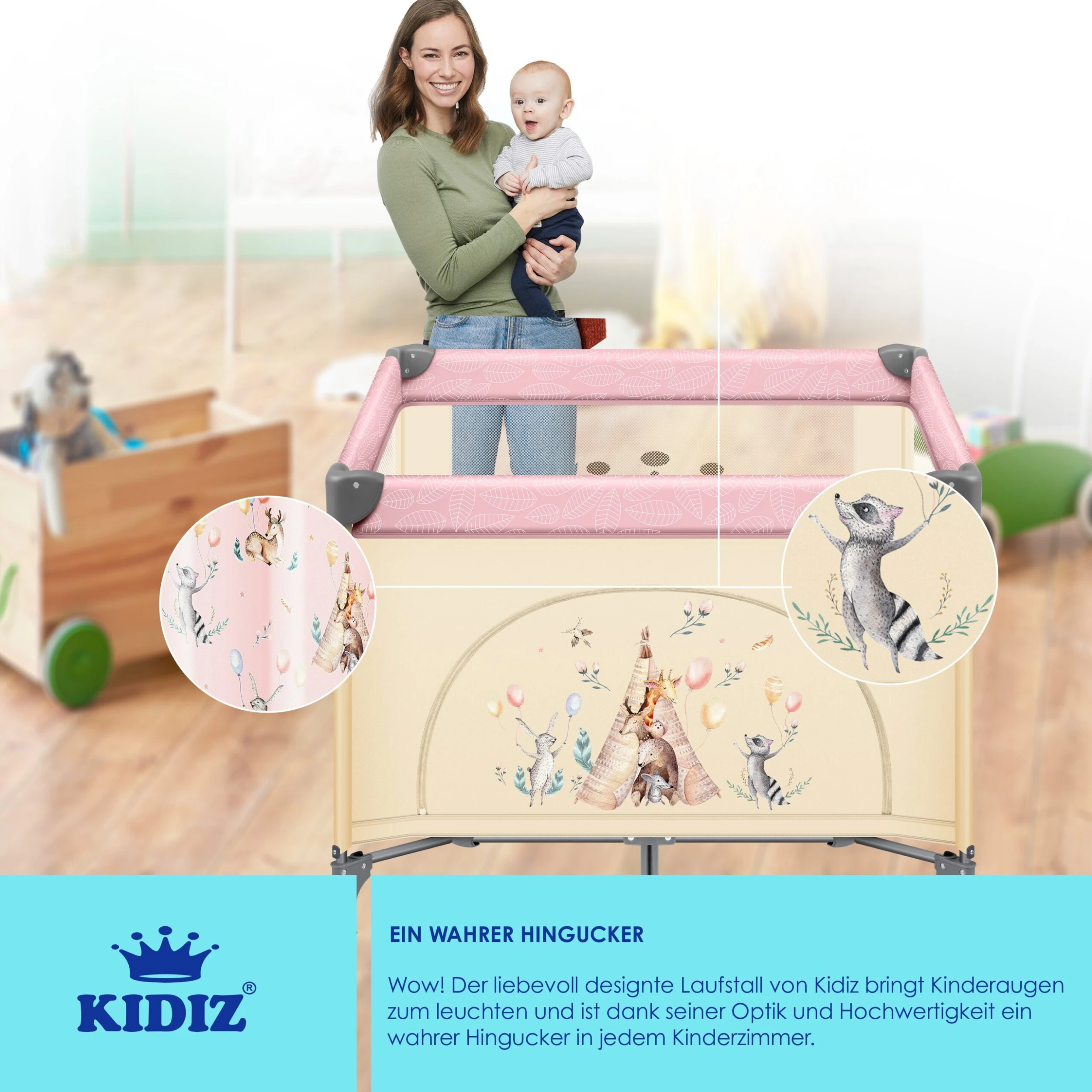 KIDIZ® Baby Laufstall Faltbar Kinderbett, Reisebett Zusammenklappbar Ab Geburt Bis 15 Kg, Seiteneingang, Sicherungssystem LockGuard, Mit Räder, Inkl. Tragetasche Krabbelgitter - Image 6